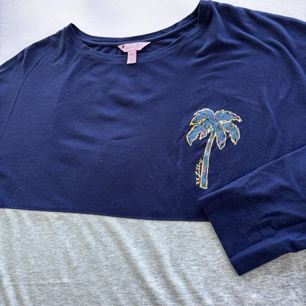 Lilly Pulitzer Colorblock Palm Tree Top Women's M Navy Gray Long Sleeve Pima Tee